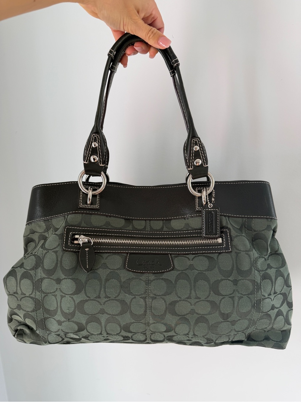 Coach large green signature purse leather trim